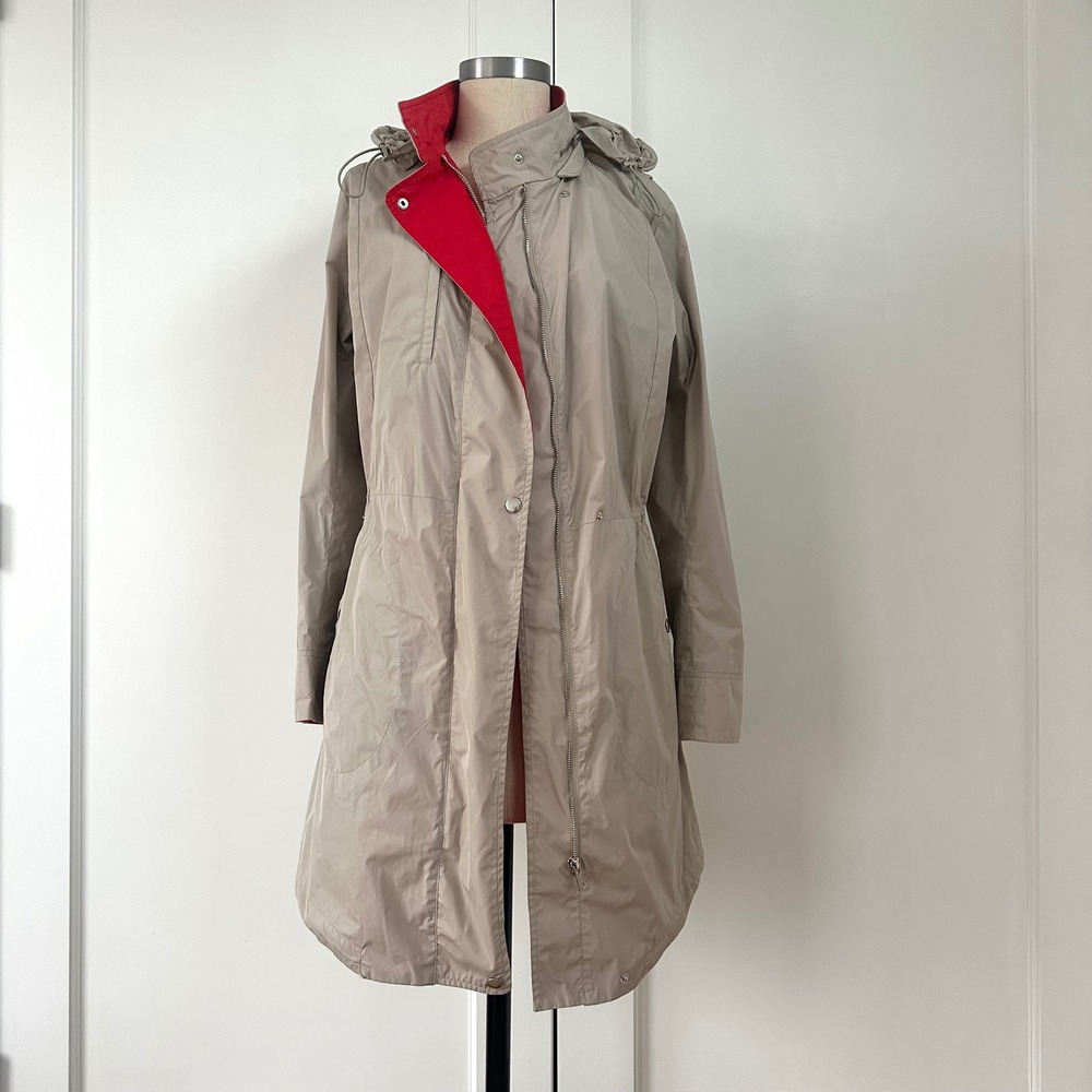 Theory Karena C Hooded Parka Jacket Tan Beige Red Contrast Womens Small E1105402